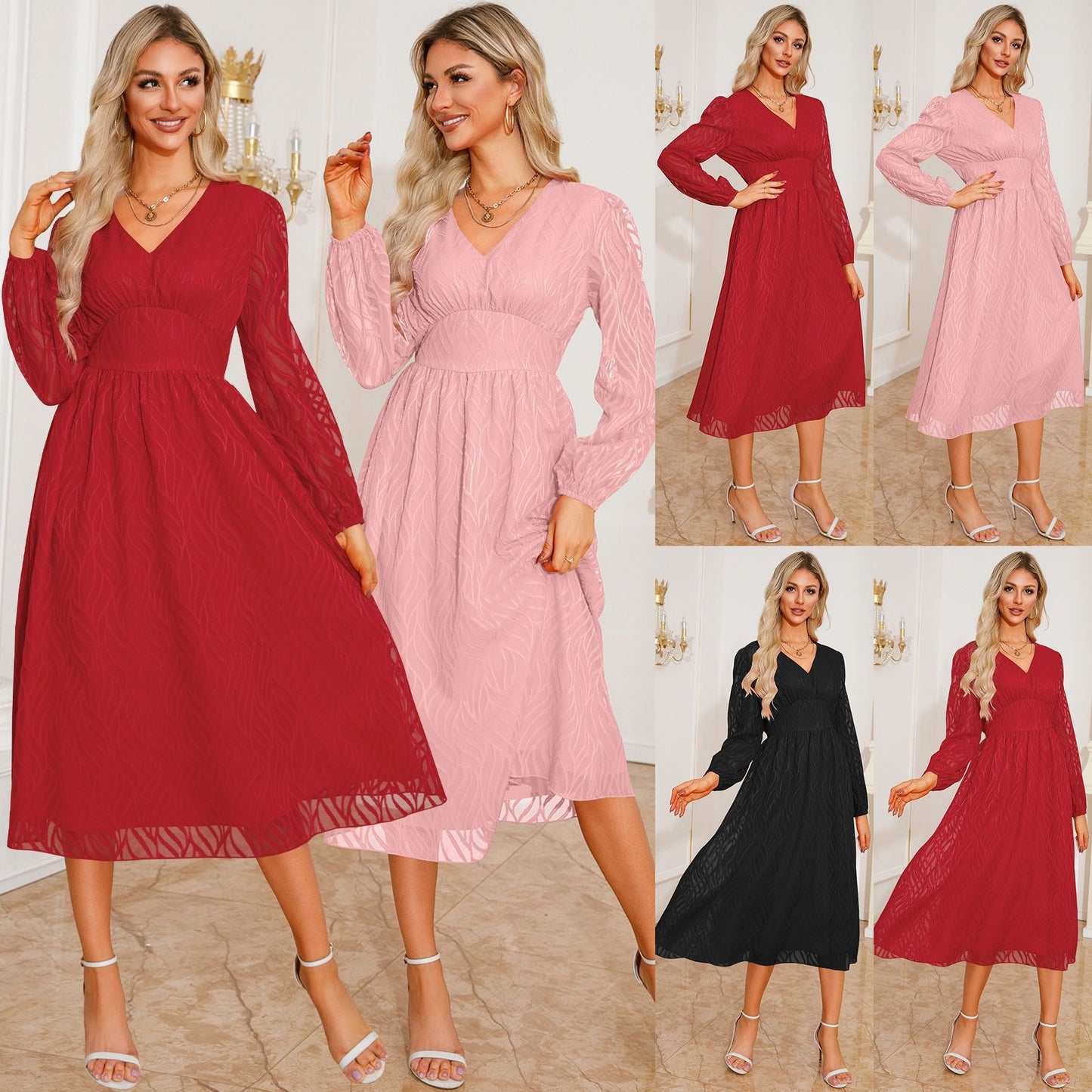 Women's midi dress with elegant V-neck and ruffled sleeves Caliora