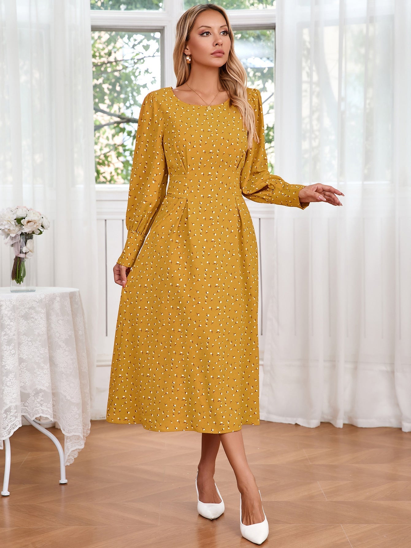 Women's Midi Dress with Puff Sleeves and Polka Dots Caliora