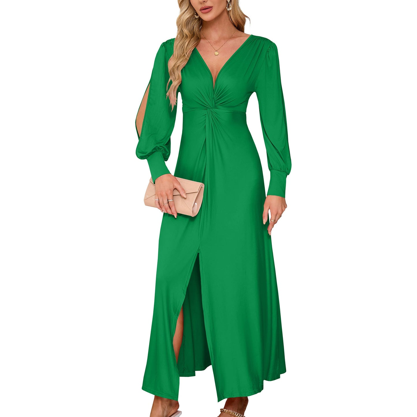 Ladies max dress with deep V-neckline and side slit Caliora
