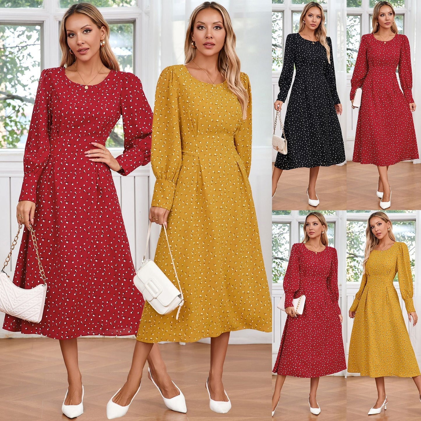 Women's Midi Dress with Puff Sleeves and Polka Dots Caliora