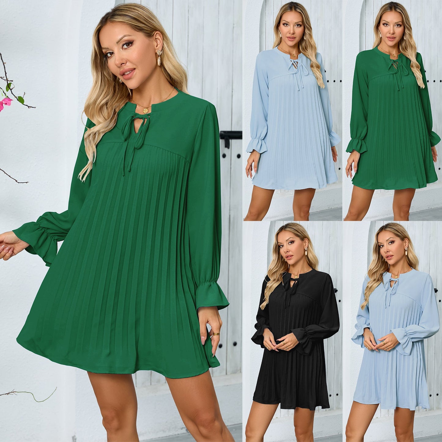 Women's Pleated Dress with Elegant Bow and Wide Sleeves Caliora