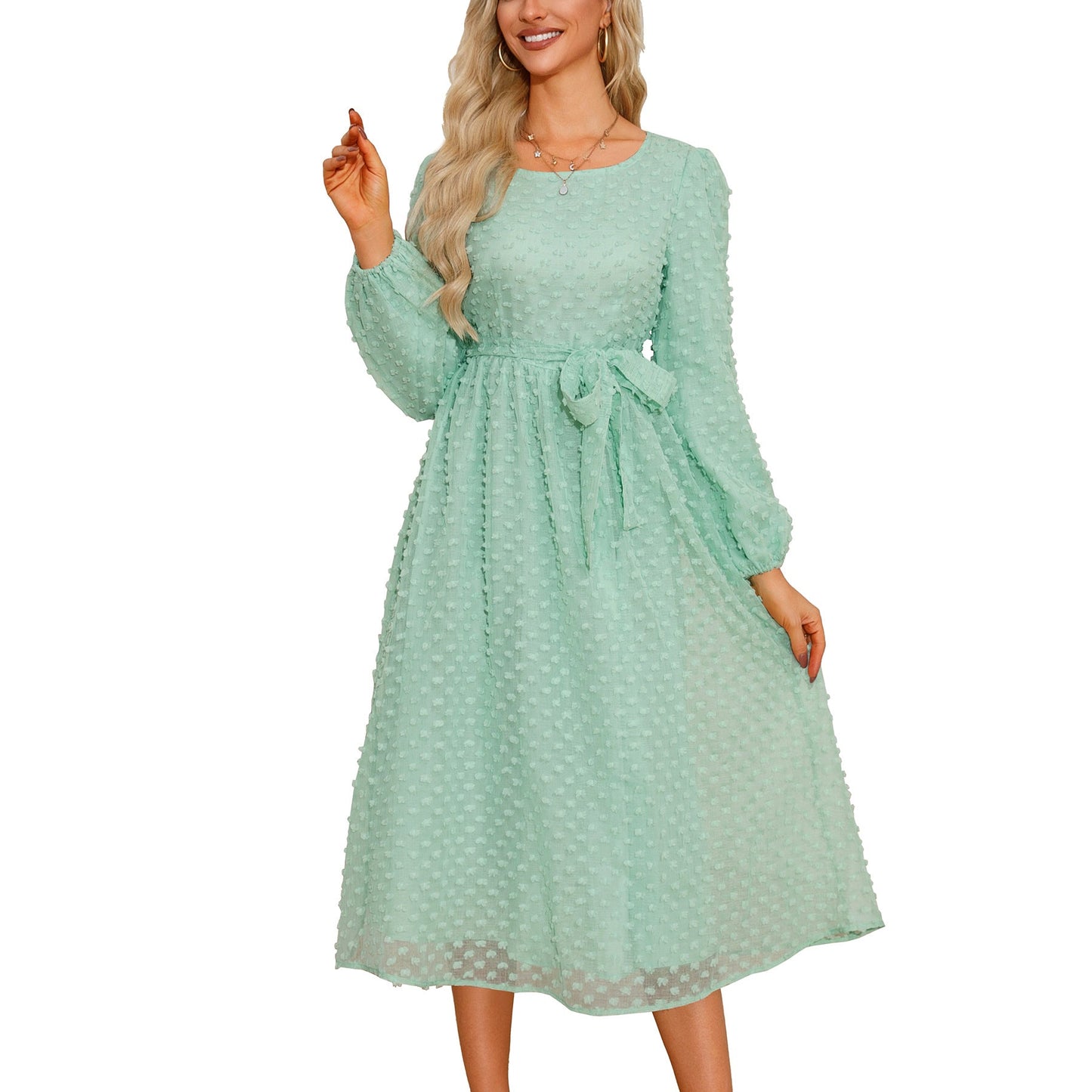 Women's midi dress with textured upper material and adjustable belt Caliora