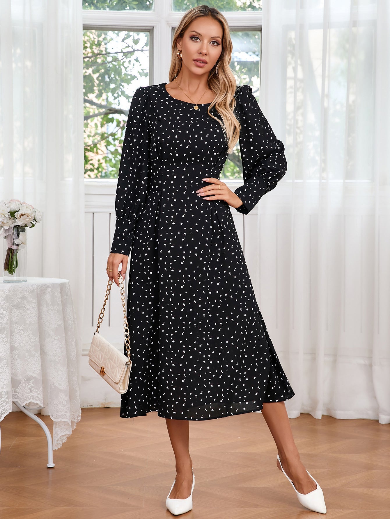 Women's Midi Dress with Puff Sleeves and Polka Dots Caliora