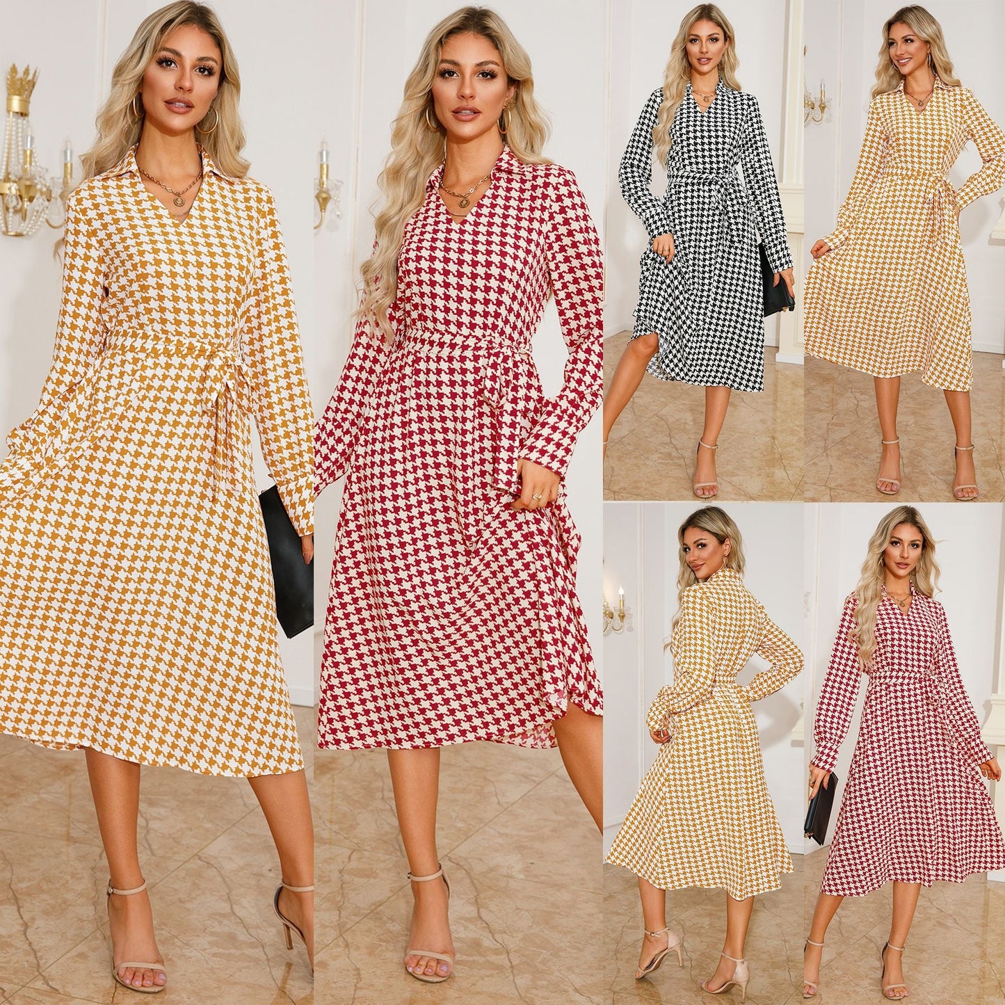 Women’s shirt dress with classic houndstooth pattern and waistline Caliora