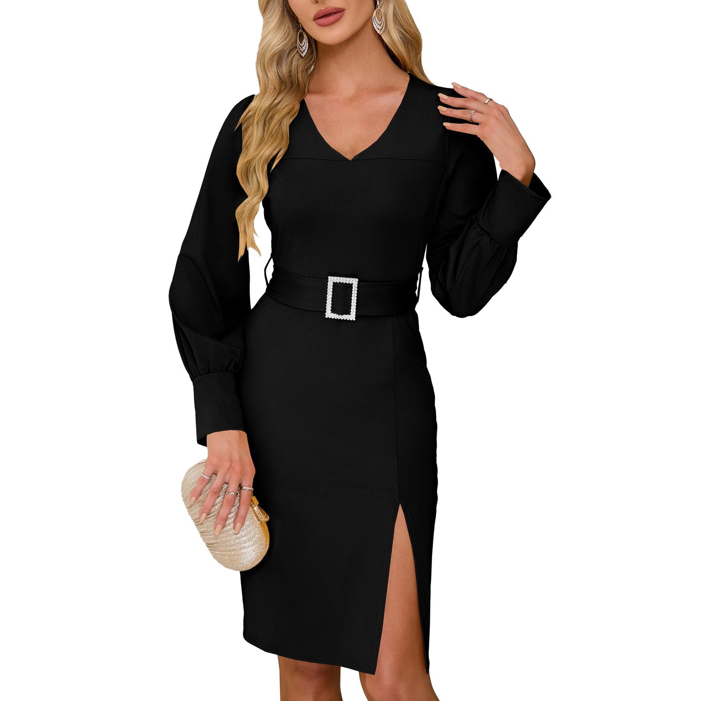 Women's sheath dress with V-neck and elegant puff sleeves as well as slit detail Caliora