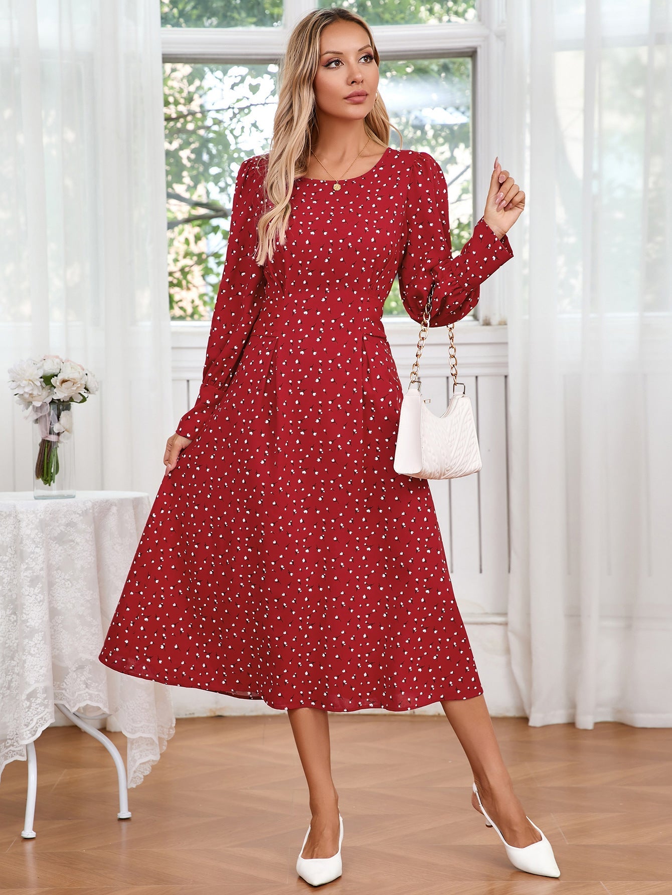 Women's Midi Dress with Puff Sleeves and Polka Dots Caliora