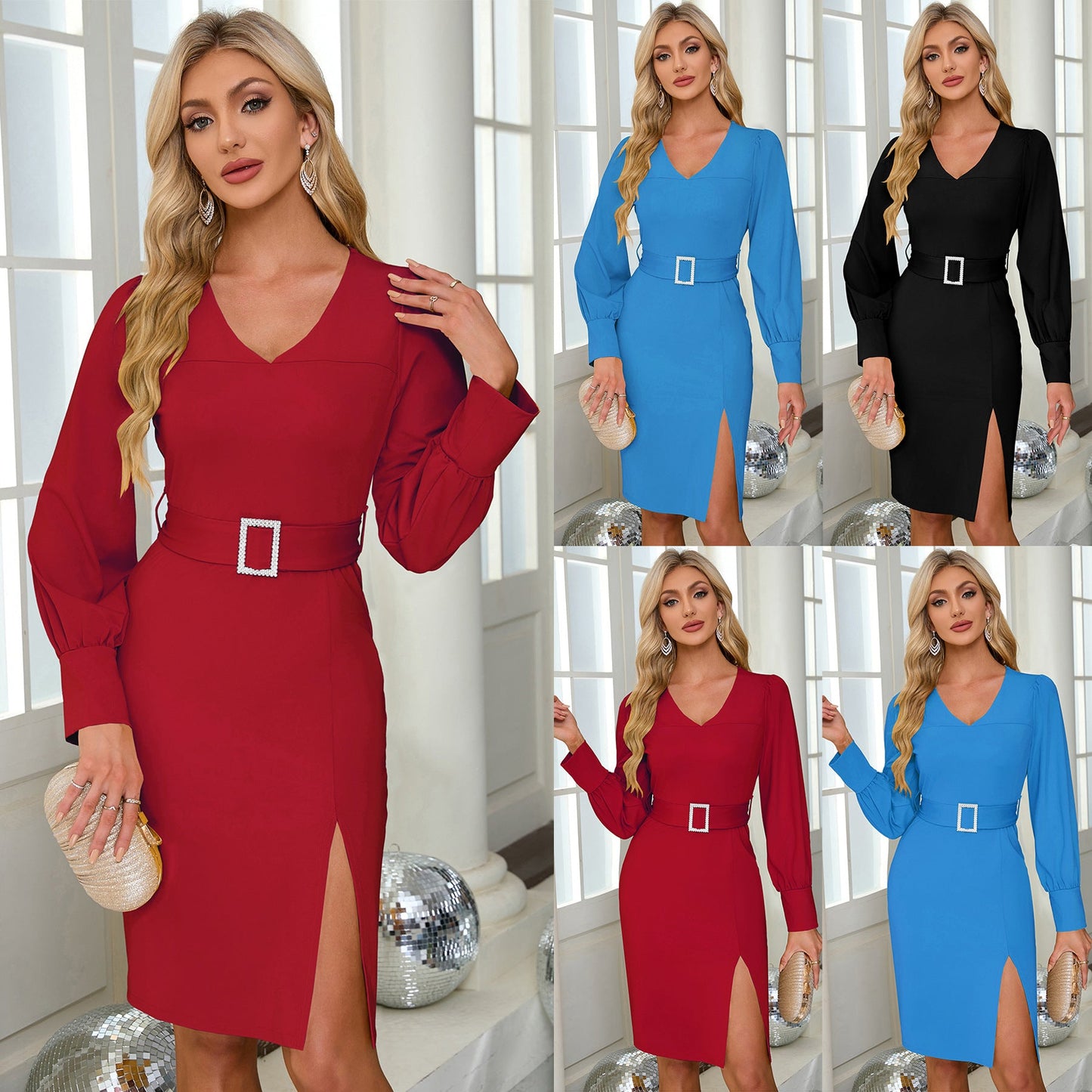 Women's sheath dress with V-neck and elegant puff sleeves as well as slit detail Caliora