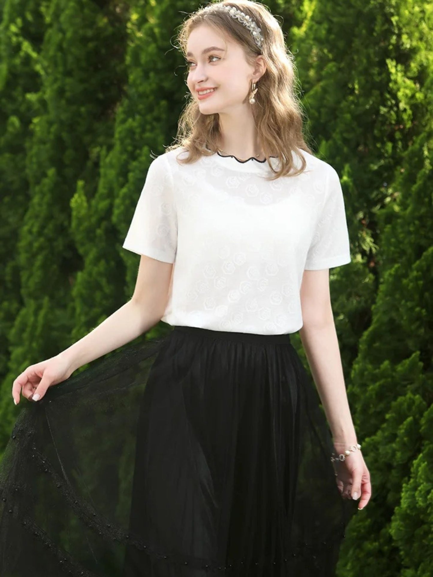 Short-Sleeve Embroidered Lace Blouse