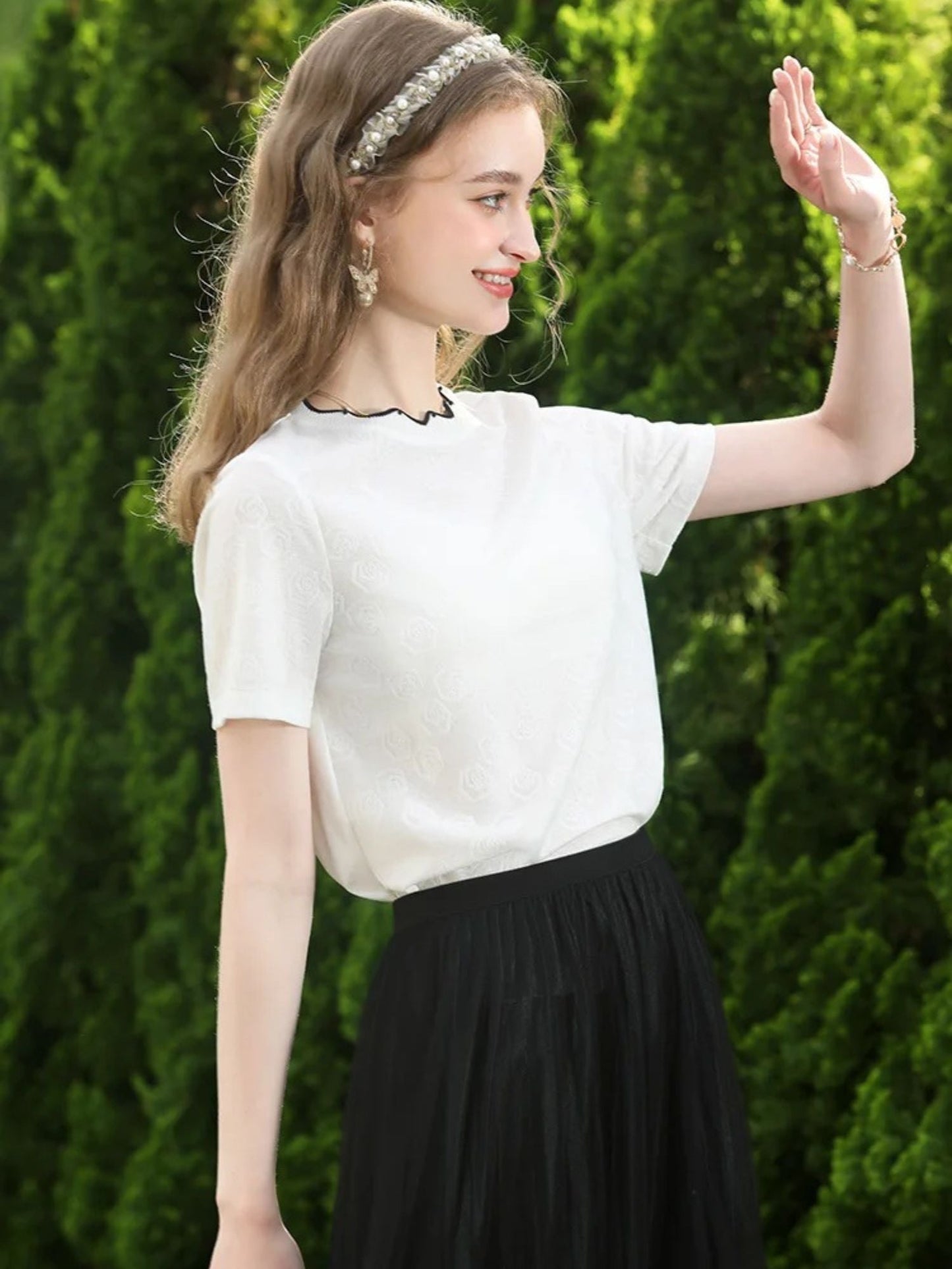 Short-Sleeve Embroidered Lace Blouse