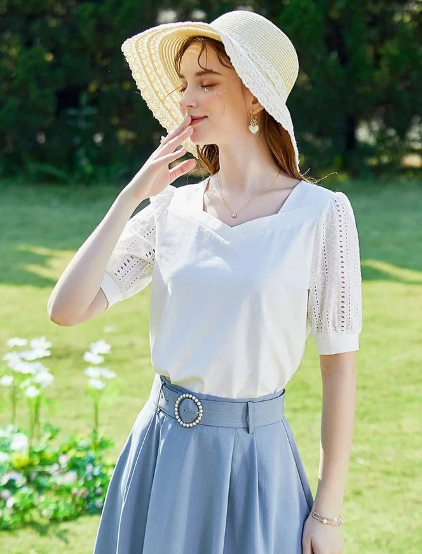 Summer Blouse with Eyelet Puff Sleeves and Square Neckline
