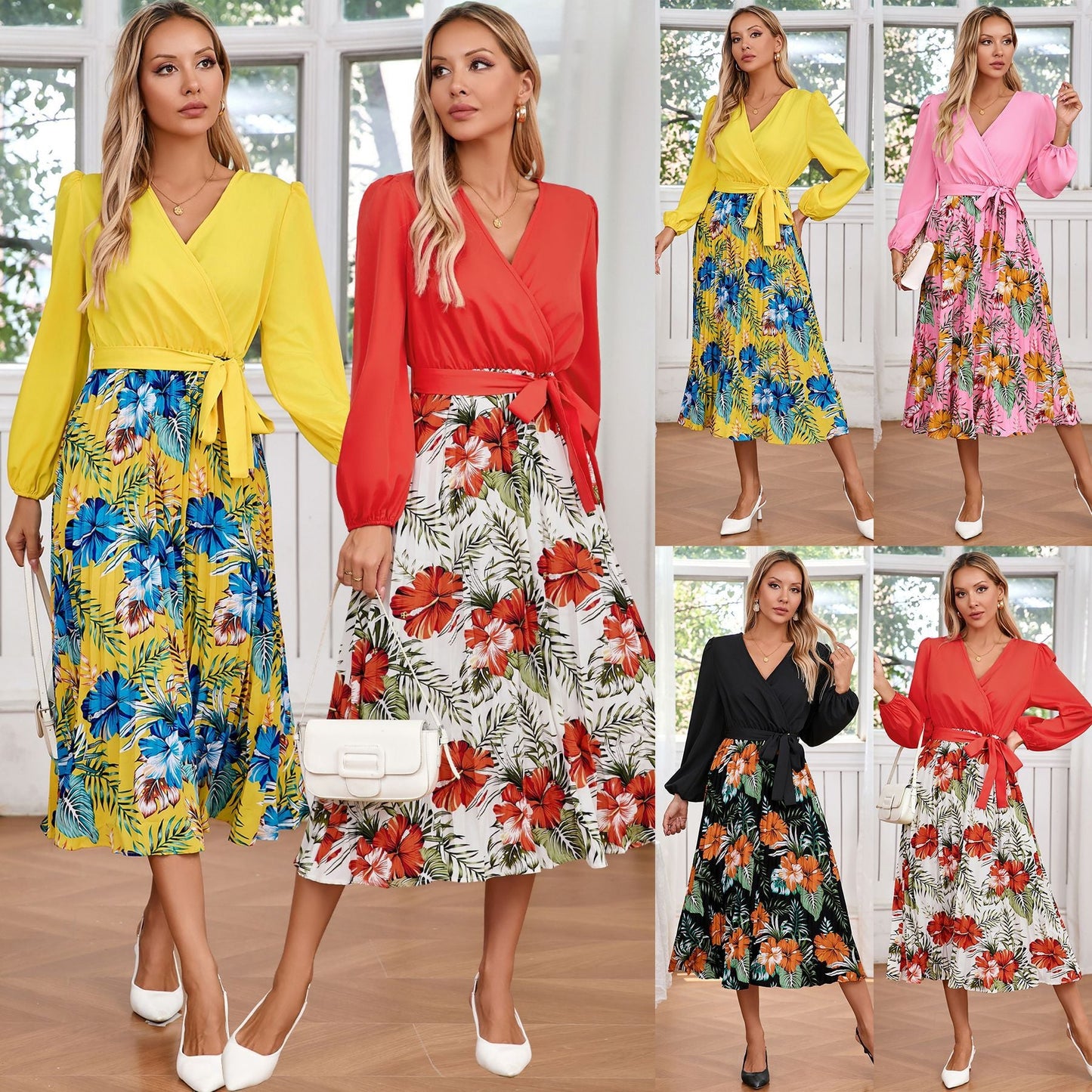 Women's wrap dress with floral pattern and long sleeves Caliora