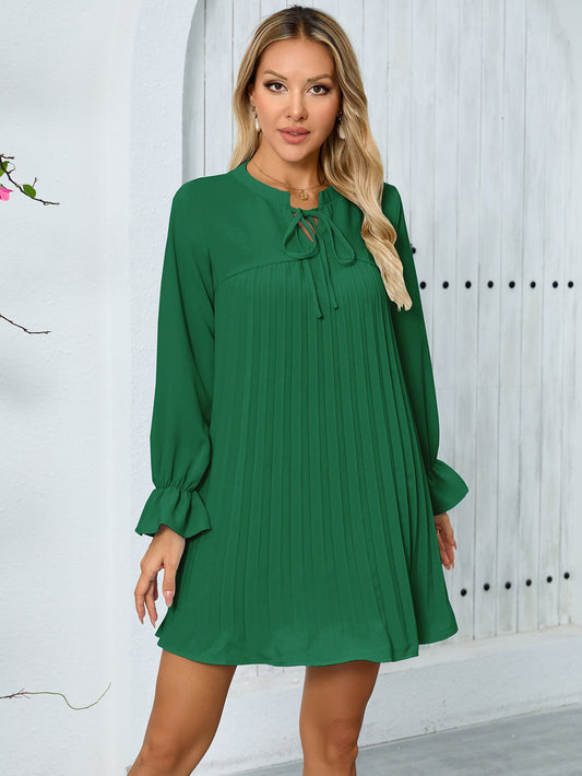 Women's Pleated Dress with Elegant Bow and Wide Sleeves Caliora