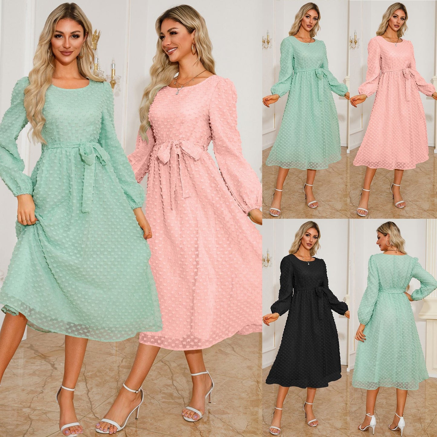Women's midi dress with textured upper material and adjustable belt Caliora