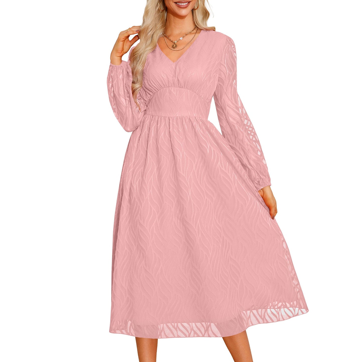 Women's midi dress with elegant V-neck and ruffled sleeves Caliora