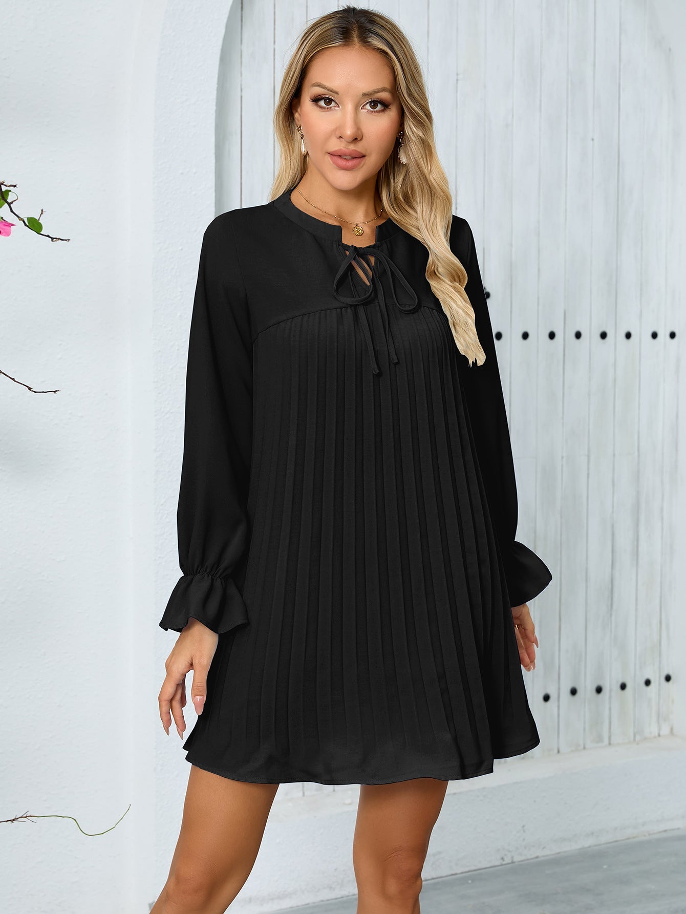Women's Pleated Dress with Elegant Bow and Wide Sleeves Caliora