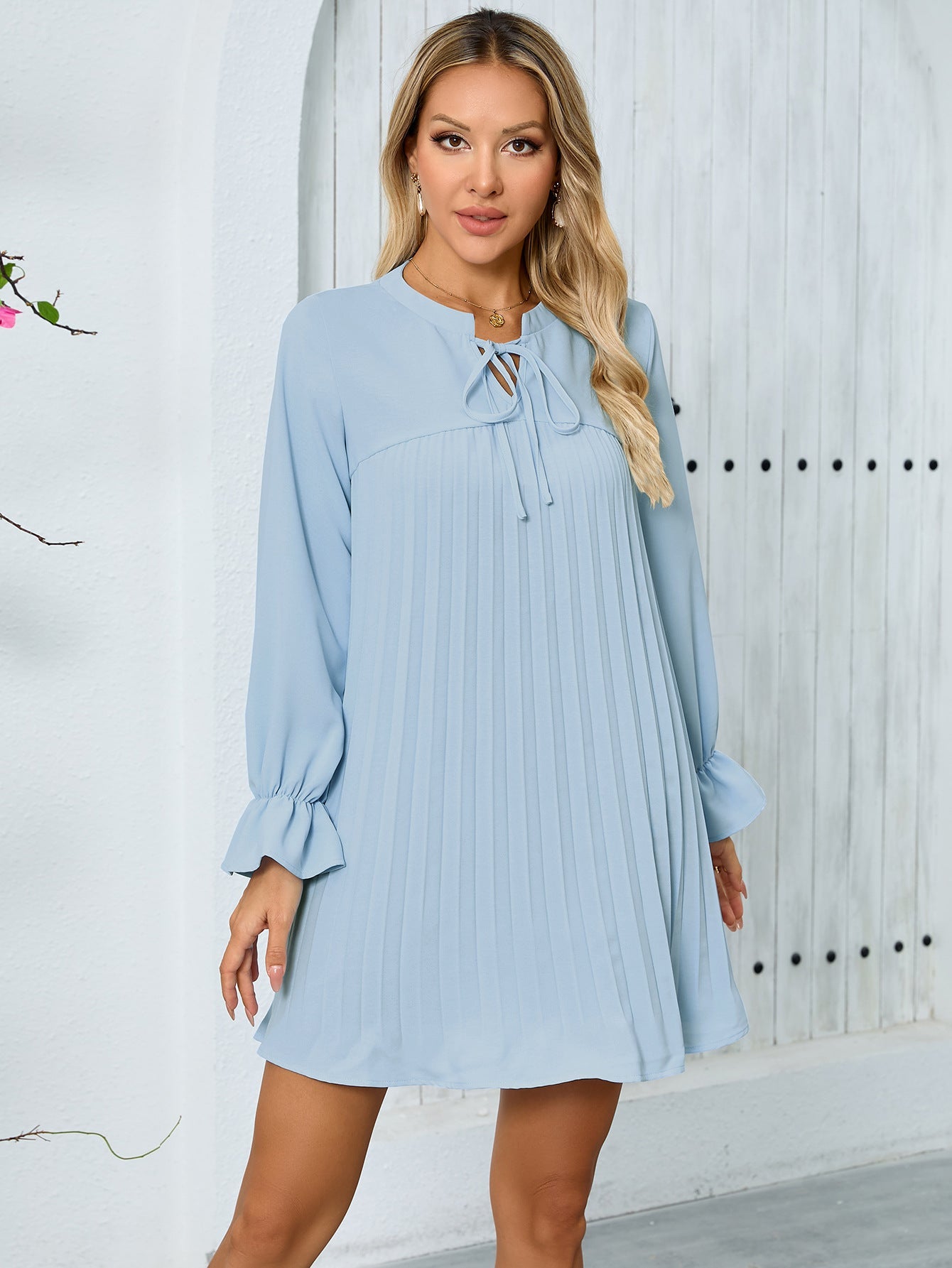 Women's Pleated Dress with Elegant Bow and Wide Sleeves Caliora