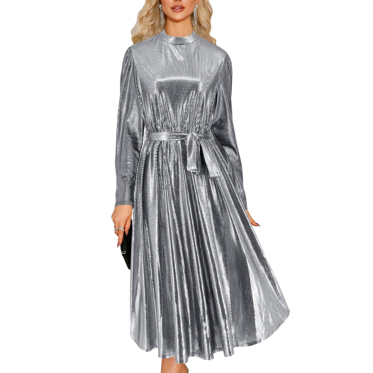 Women's midi dress with shimmering jacquard and waist belt Caliora