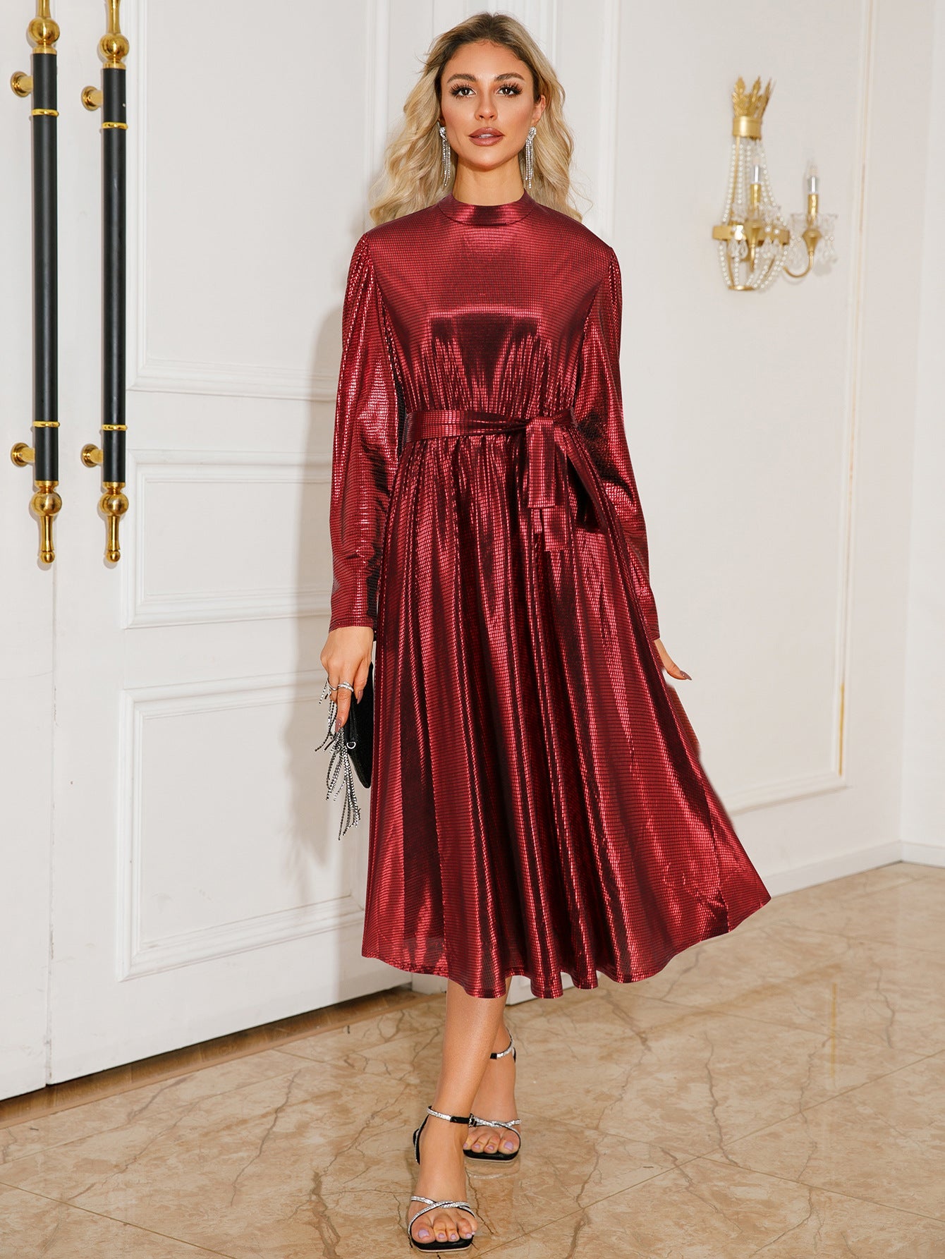 Women's midi dress with shimmering jacquard and waist belt Caliora