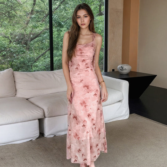 Women's maxi dress with delicate watercolor design and elegant waterfall neckline Caloria