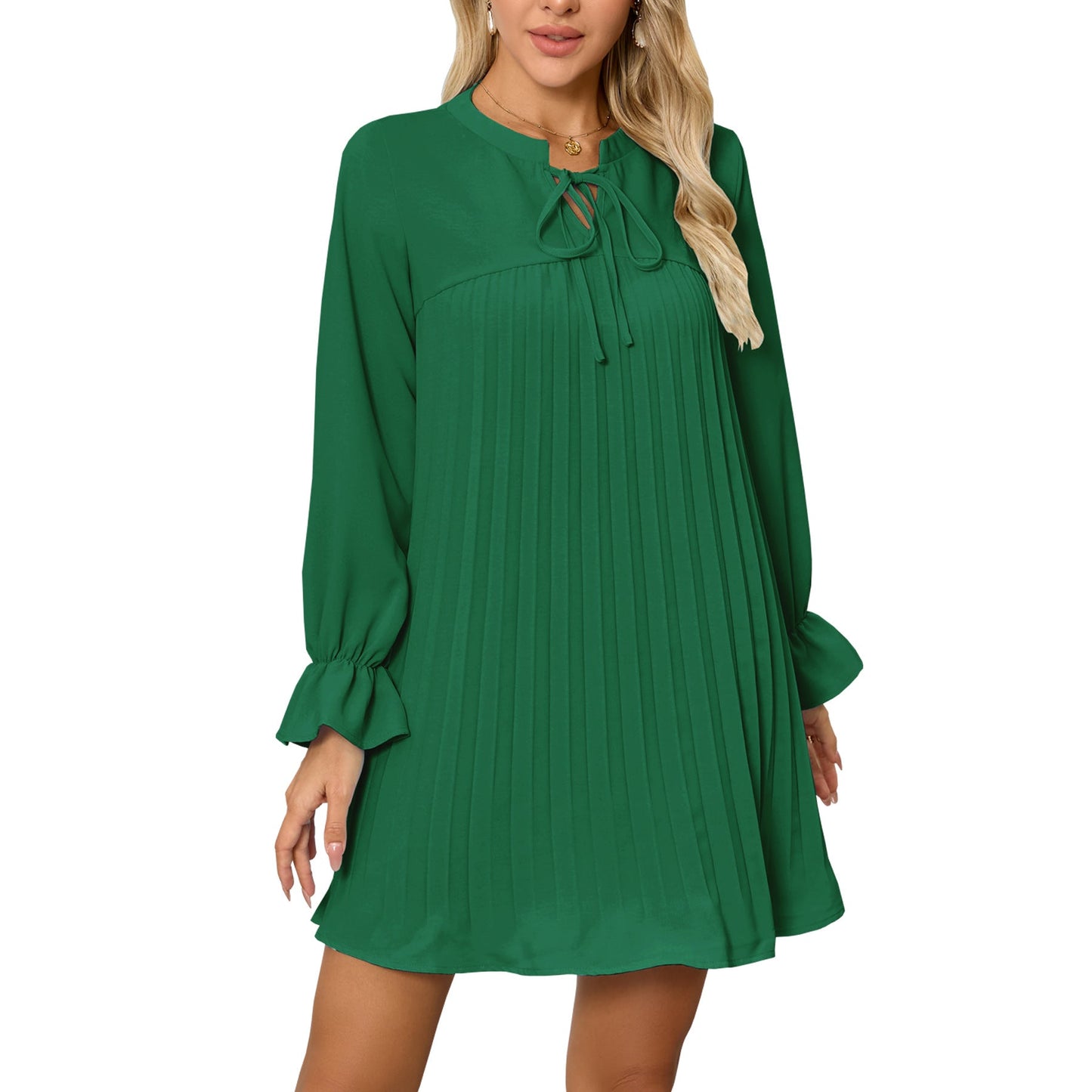 Women's Pleated Dress with Elegant Bow and Wide Sleeves Caliora