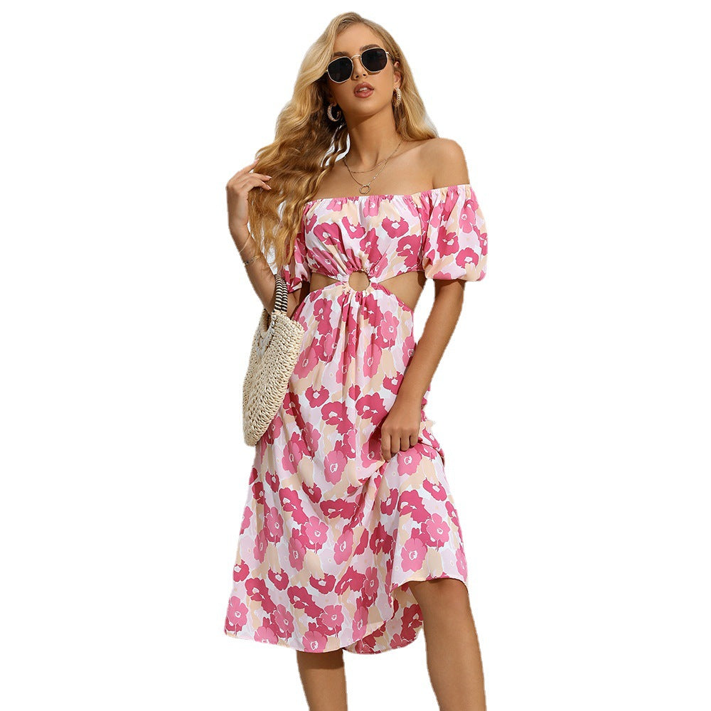 Ladies' midi dress with fashionable cut-out and puff sleeves Caloria