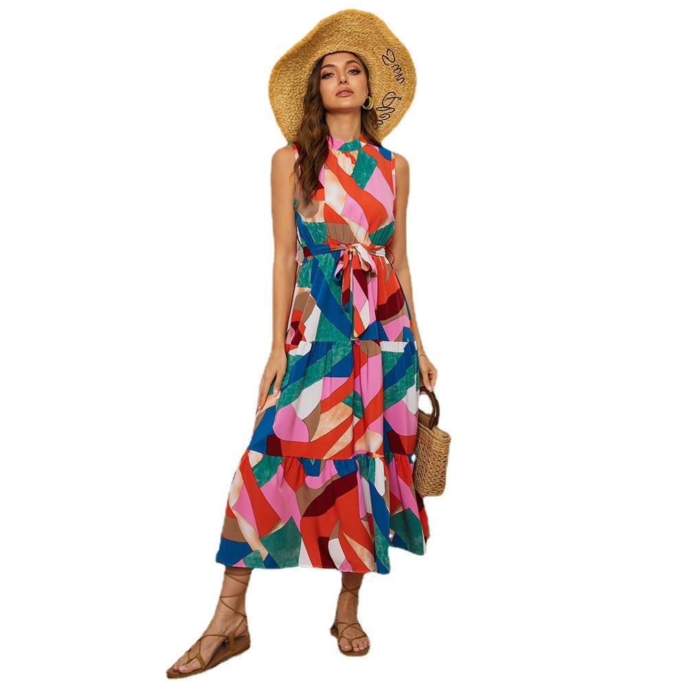 Ladies maxi dress with high neck and voluminous hem Caloria