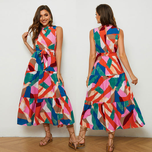 Ladies maxi dress with high neck and voluminous hem Caloria