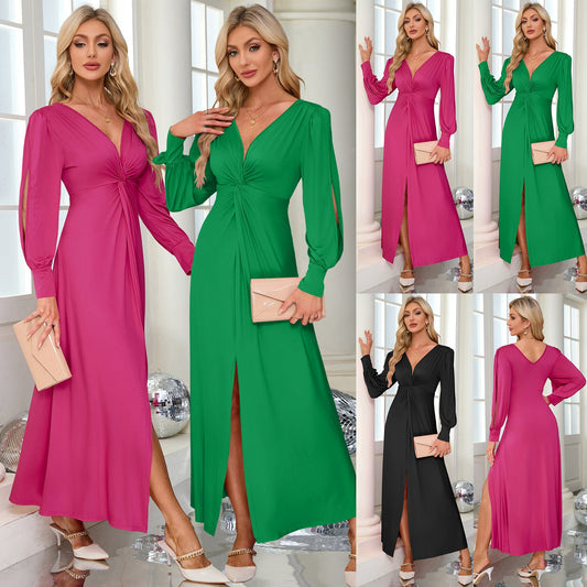 Ladies max dress with deep V-neckline and side slit Caliora