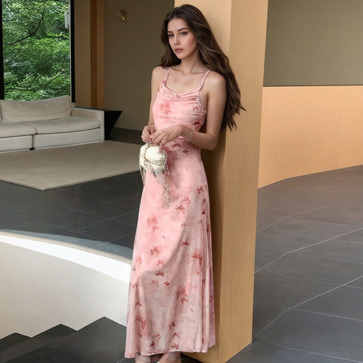 Women's maxi dress with delicate watercolor design and elegant waterfall neckline Caloria