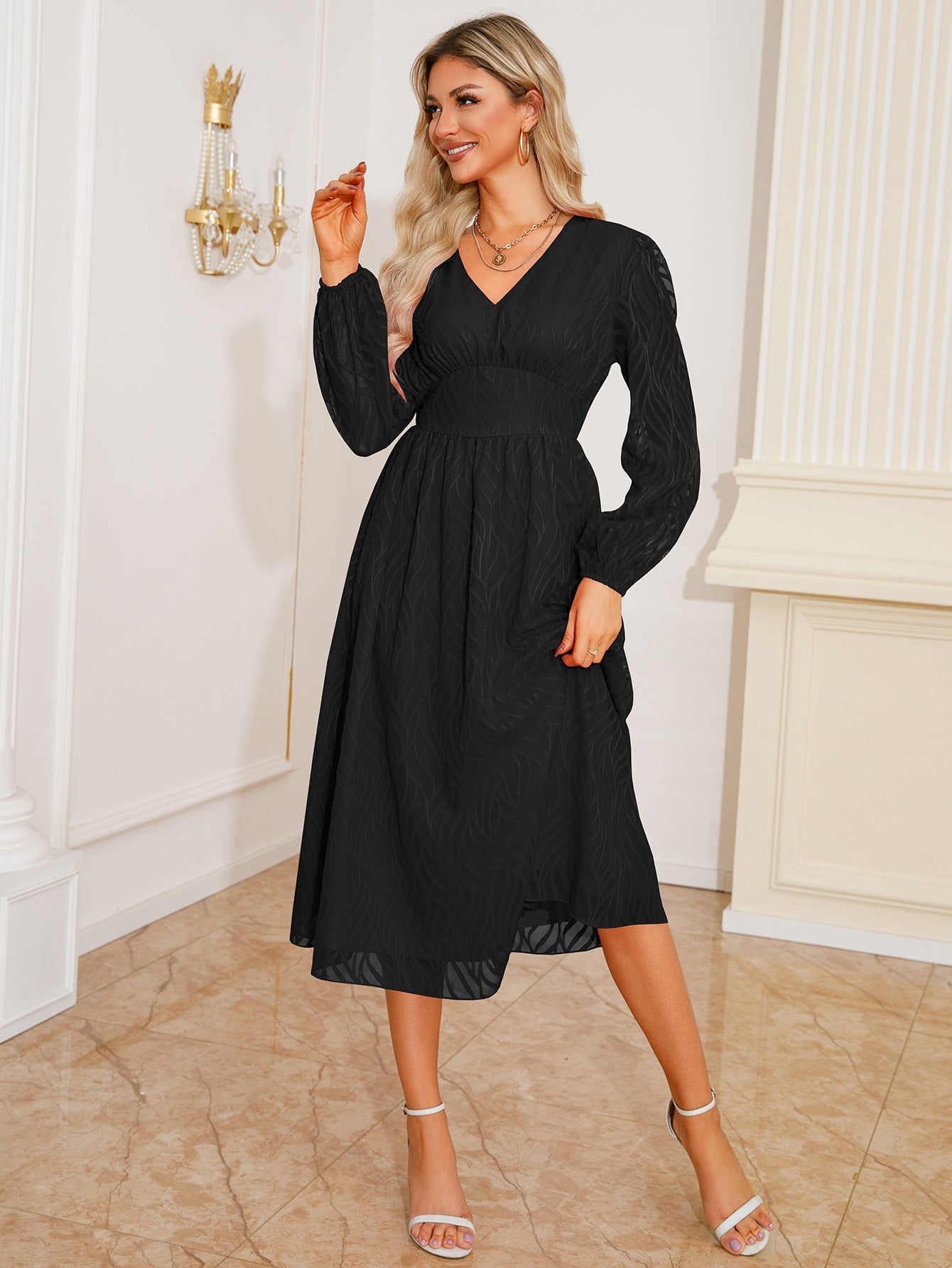 Women's midi dress with elegant V-neck and ruffled sleeves Caliora
