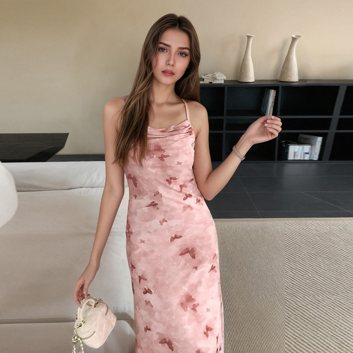 Women's maxi dress with delicate watercolor design and elegant waterfall neckline Caloria