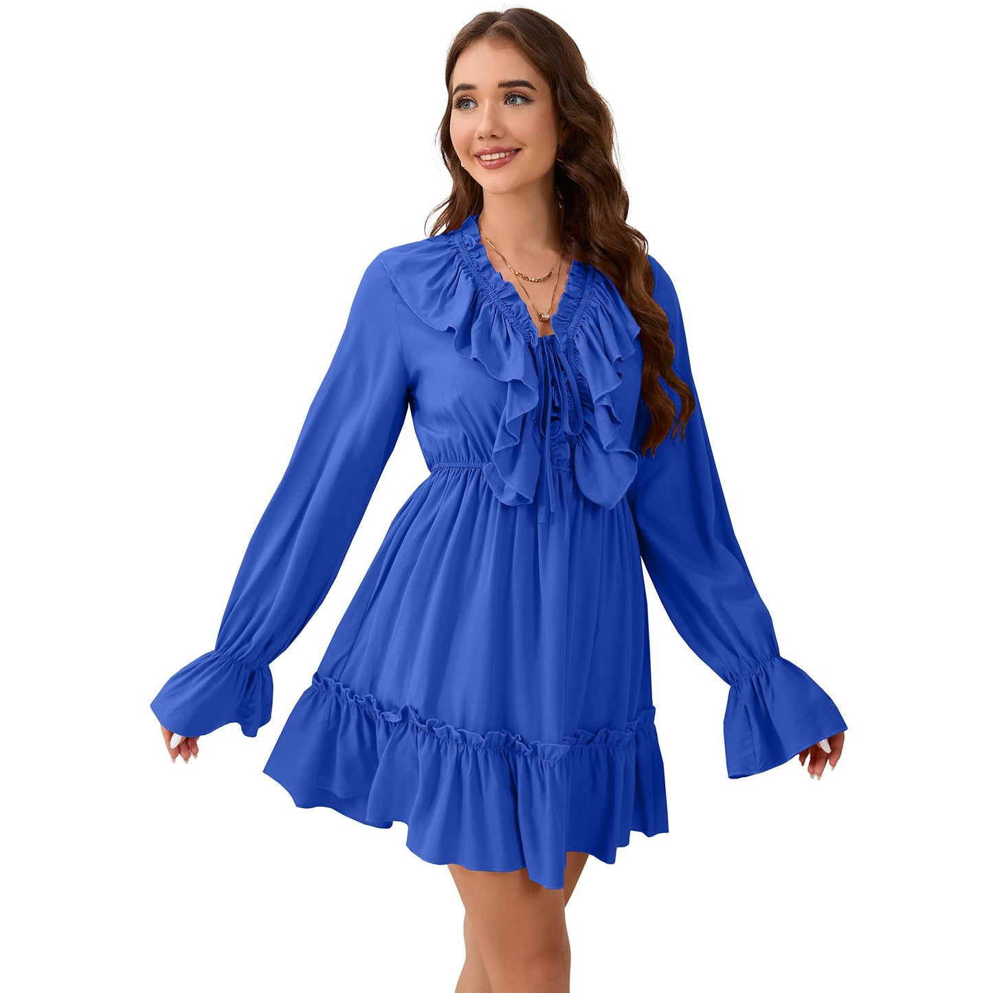 Women's Flowing Mini Dress with Ruffle Details and Long Sleeves Caliora