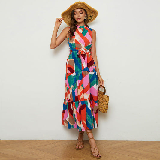 Ladies maxi dress with high neck and voluminous hem Caloria