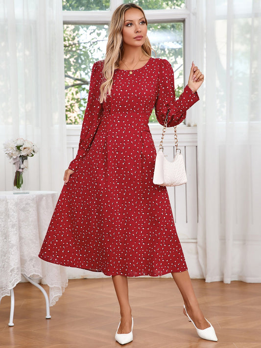 Women's Midi Dress with Puff Sleeves and Polka Dots Caliora