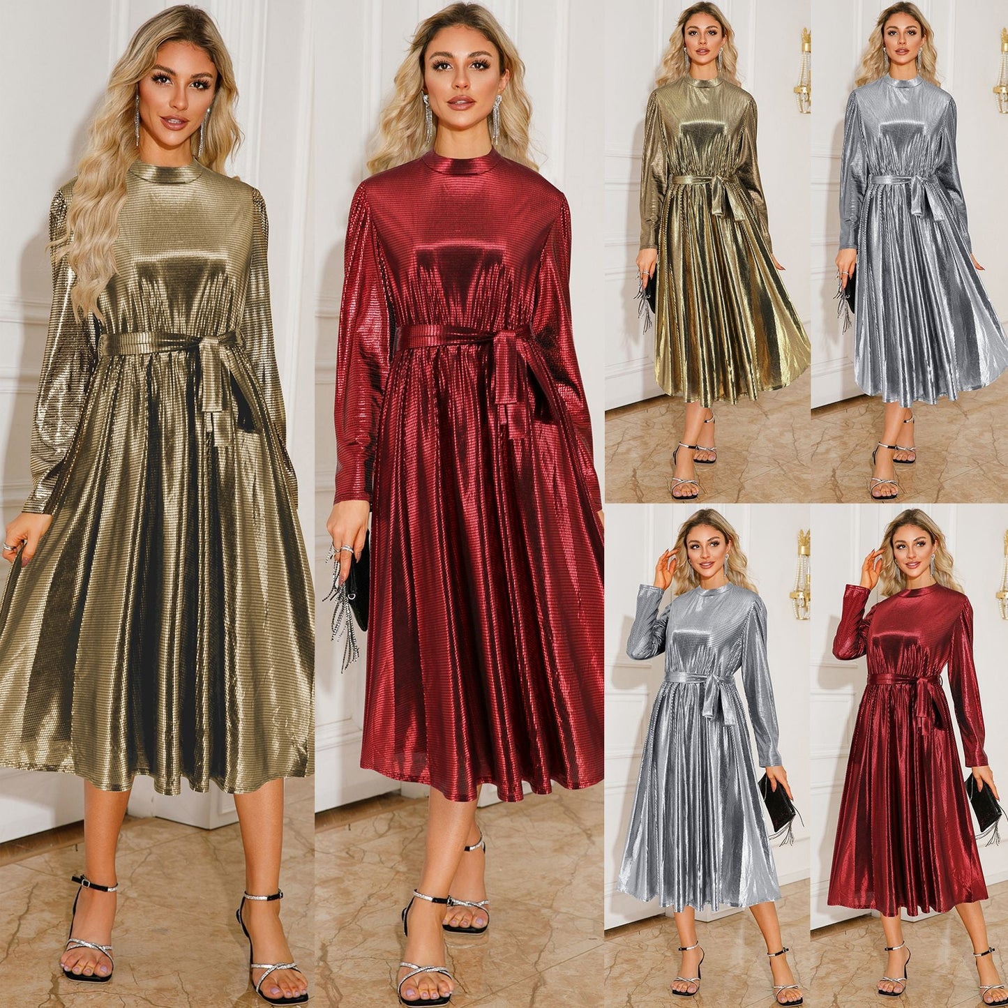 Women's midi dress with shimmering jacquard and waist belt Caliora
