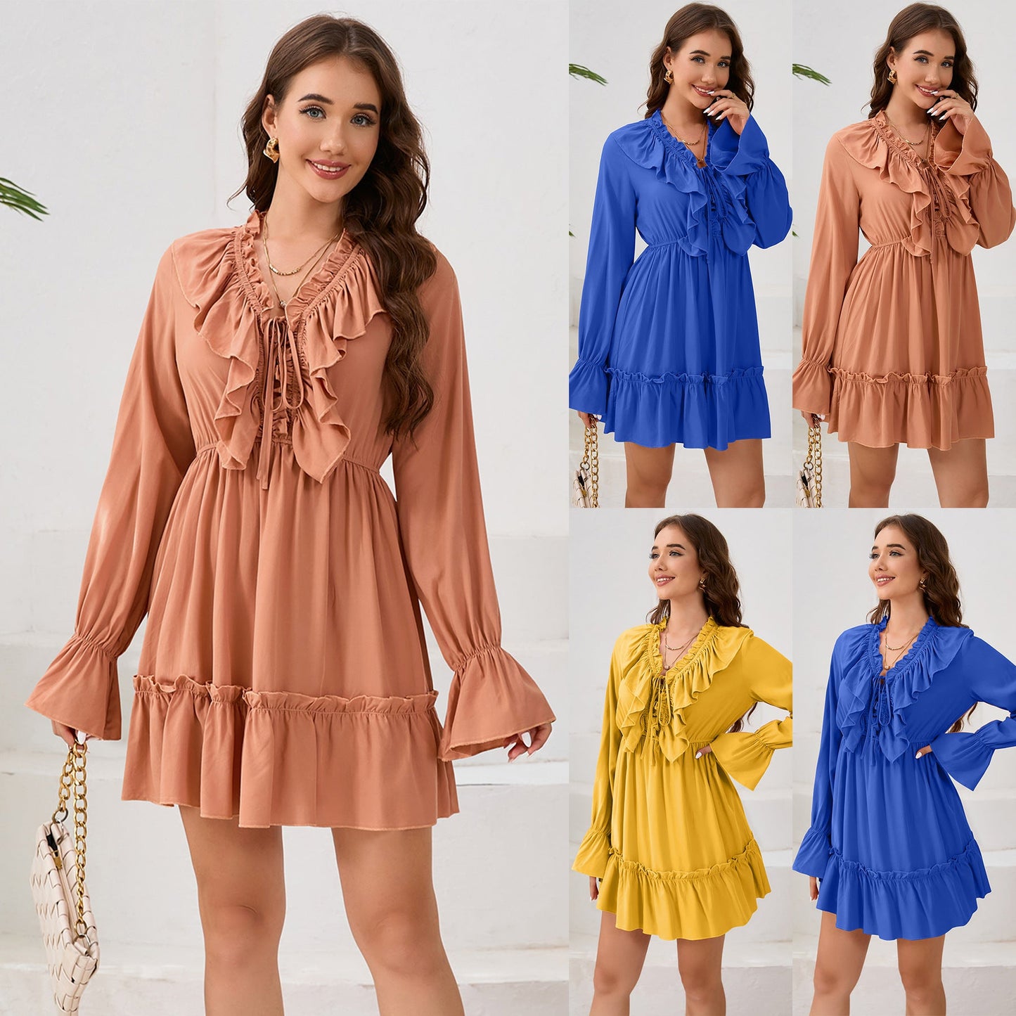 Women's Flowing Mini Dress with Ruffle Details and Long Sleeves Caliora